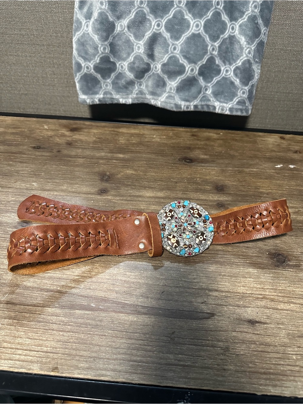 Leatherock Brown Braided Leather Belt with Turquoise Accent Round Buckle
